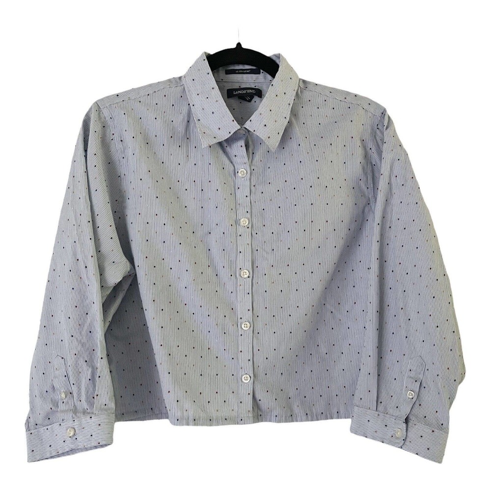 Lands End Blue Confetti Pinstripe No Iron Supima Button Front Dress Shirt Sz 14
